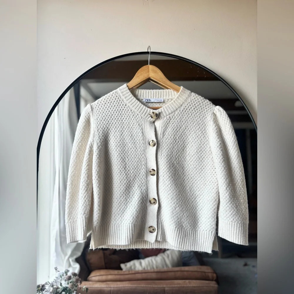 ZARA | wool blend puff sleeve cardigan  | size small - Picture 2 of 6